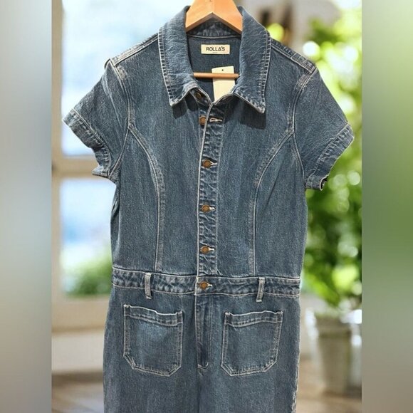 Rollas Sailor Denim Jumpsuit Women’s XL 14 NWT Wide Leg One Piece Short Sleeve - Picture 5 of 9